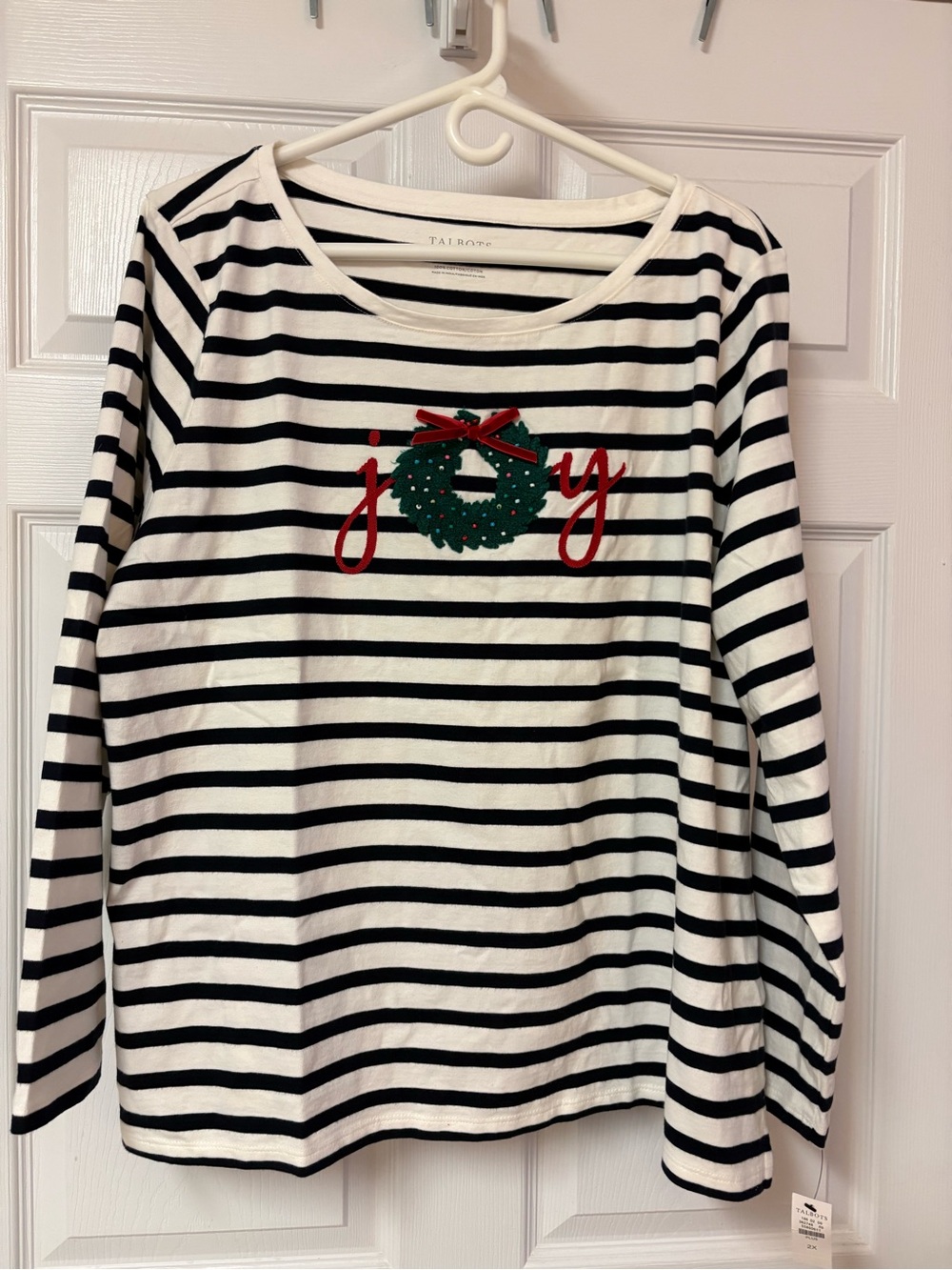 New Talbots Indigo/White Striped Tee Shirt Embroidered, Beads and Bow 2X